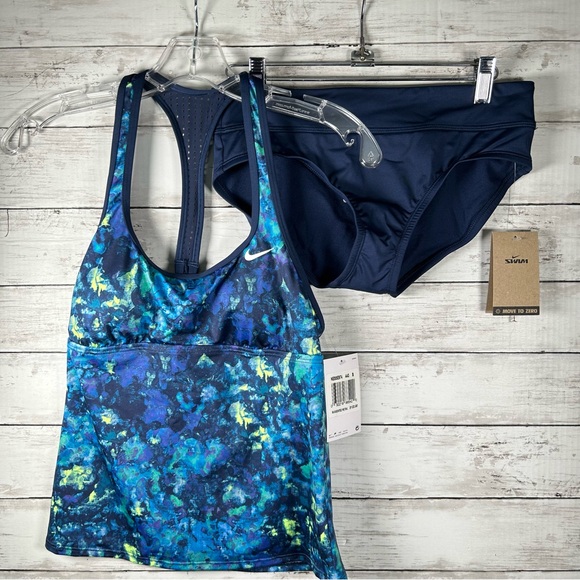 NIKE Blue Earth Dye Racer Back Tankini Blue Swimsuit Small NWT $122